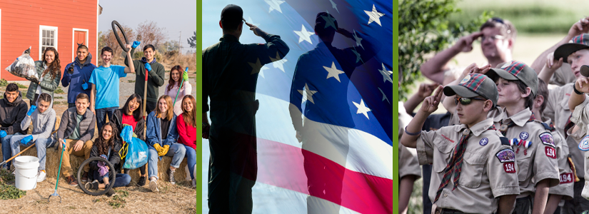 Three image collage of an volunteer clean up crew, a soldier saluting the U.S. flag, and boy scouts saluting